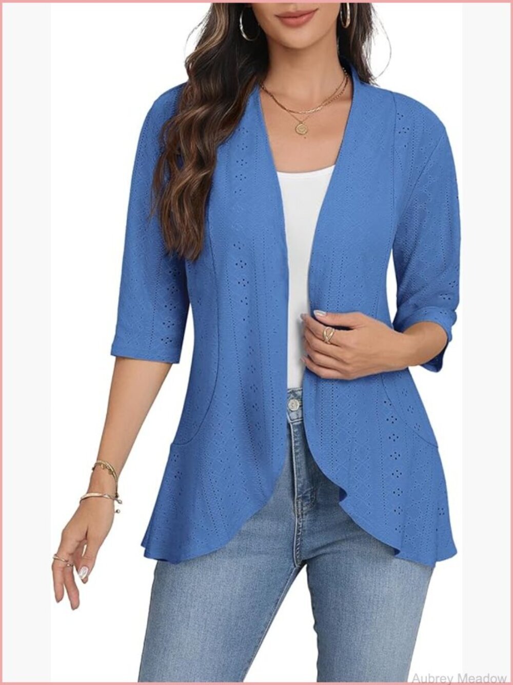 3/4 Sleeve Open Front Knit Cardigan Lightweight Flowy Ruffles Kimono